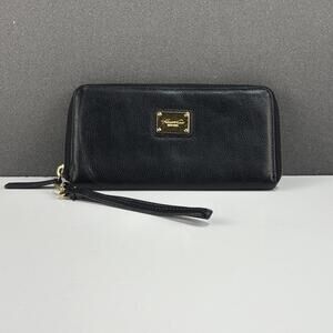 Kenneth Cole Black Leather Zip Wristlet Wallet with Gold Plate